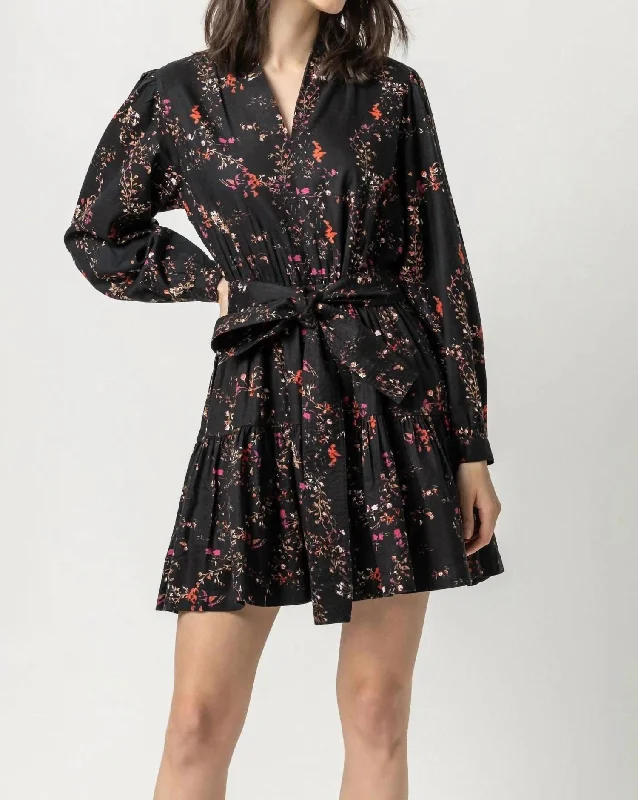 Long Sleeve Split Neck Peplum Dress In Black Floral