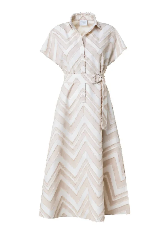 Fringed Zig-Zag Jacquard Dress In Cashew-Beige