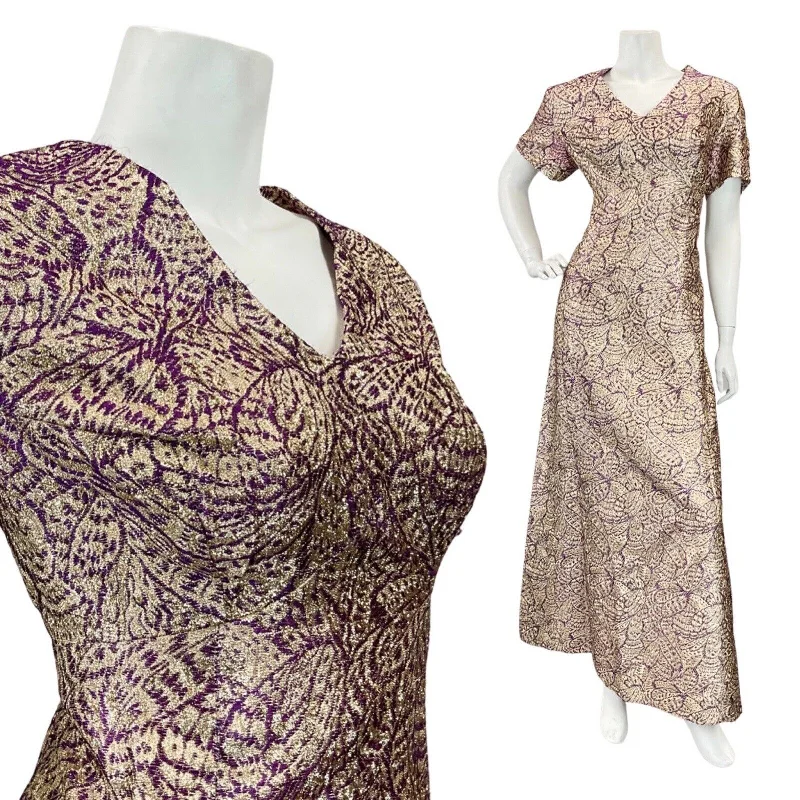 Low Prices VTG 60s 70s PURPLE GOLD PSYCHEDELIC FLORAL BUTTERFLY PARTY LUREX MAXI DRESS 14