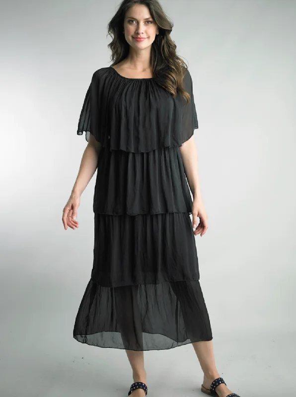 BLACK OFF SHOULDER SILK DRESS