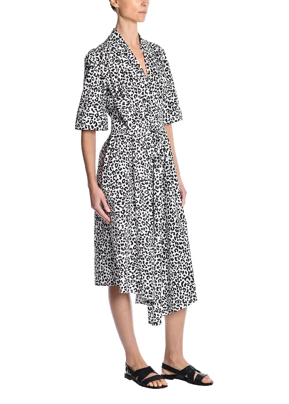 Short Sleeve Asymmetrical Dress In Printed Poplin