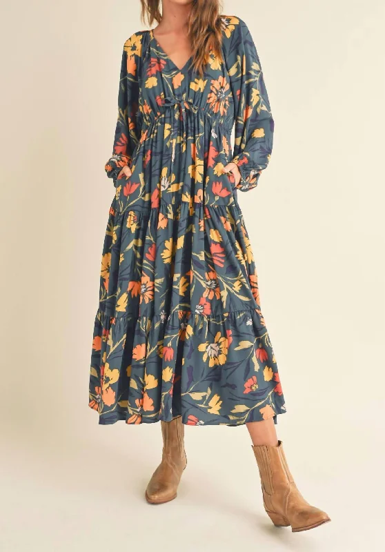 Floral Tiered Midi Dress In Multicolor