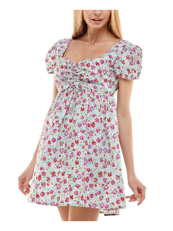 Today’s Deal PLANET GOLD Womens Light Blue Smocked Cinched Tie Front Pullover Floral Pouf Sleeve Sweetheart Neckline Short Fit + Flare Dress