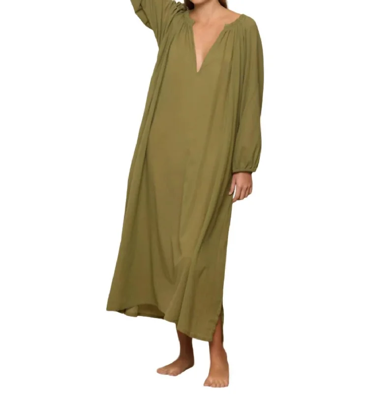 Aniwa Long Sleeve V Neck Maxi Dress In Mossy