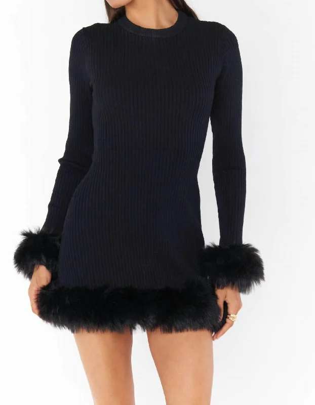 Fran Mini Dress In Black Knit W/faux Fur