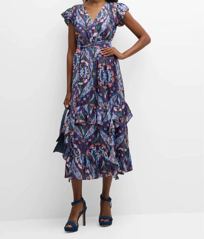 Uma Floral Print Ruffle Trim Midi Dress In Aster Trellis