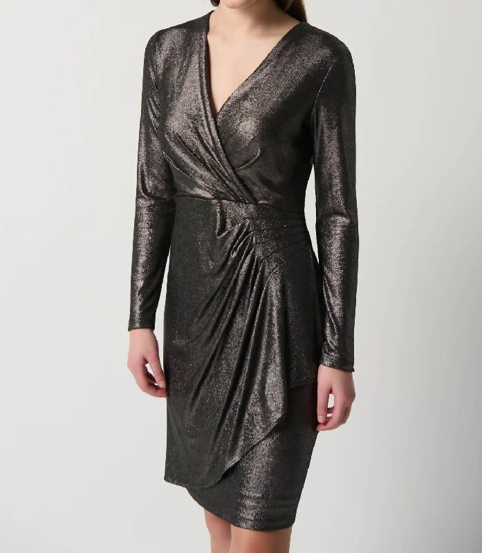 Metallic Wrap Front Dress In Pewter