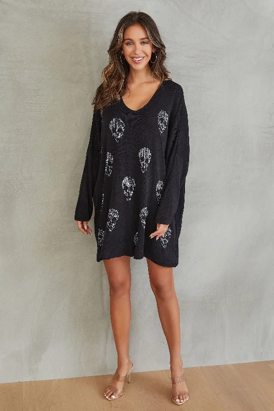 SILVER LUREX SKULLS PRINT TUNIC SWEATER DRESS