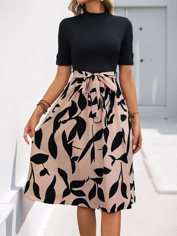 Perfee Tied Printed Mock Neck Short Sleeve Dress