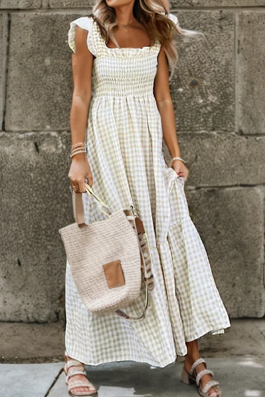 Khaki Plaid Ruffled Sleeveless Smocked Maxi Dress