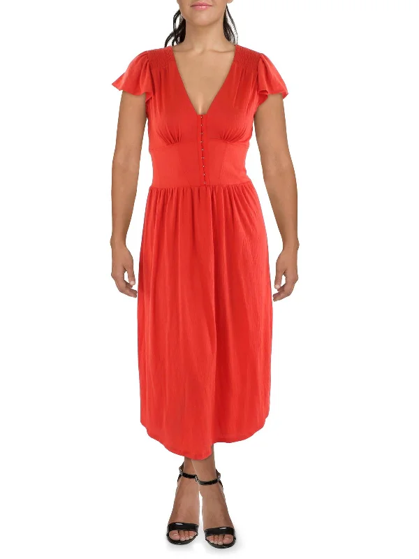 Womens Corsey Flutter Sleeve Midi Dress