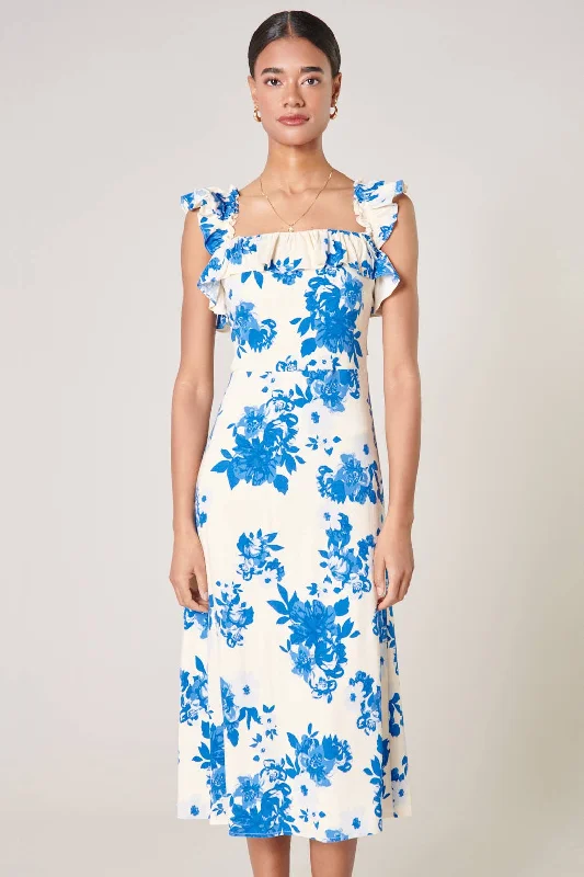 Azure Kona Floral Ruffle Trim Milo Midi Dress