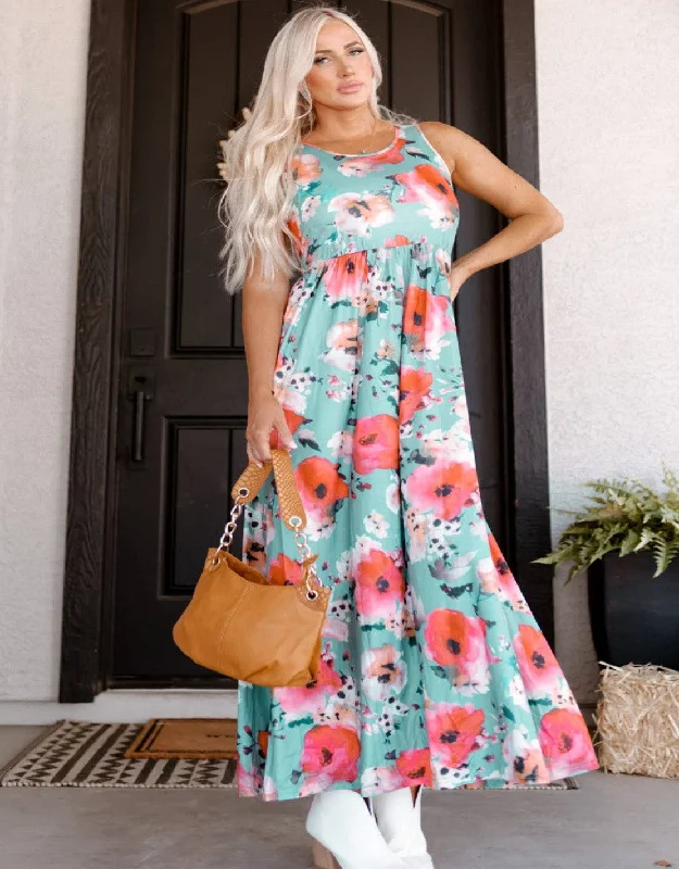 Sky Blue Boho Print Sleeveless High Waist Long Floral Dress