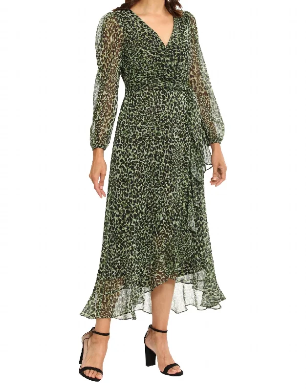 Sage Ruffle Wrap Animal Print Maxi Dress