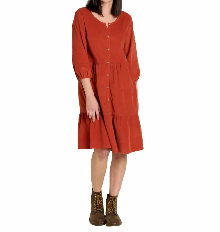 Scouter Cord Tiered Long Sleeve Dress In Cinnamon