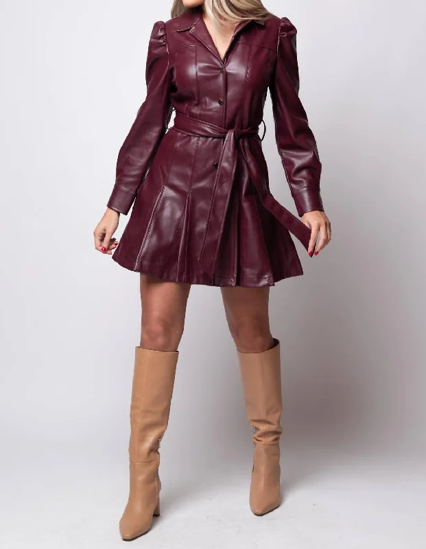 Puff Shoulder Belted Mini Dress In Wine