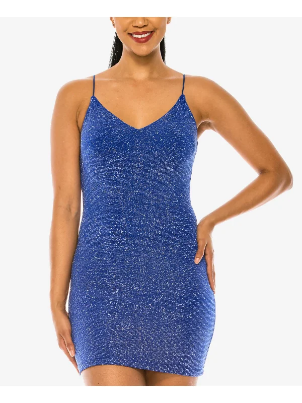 New Deals B DARLIN Womens Blue Zippered Lined Spaghetti Strap V Neck Short Party Body Con Dress