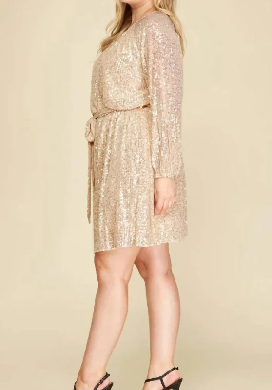 Long Sleeve Sequin Dress Plus In Champagne