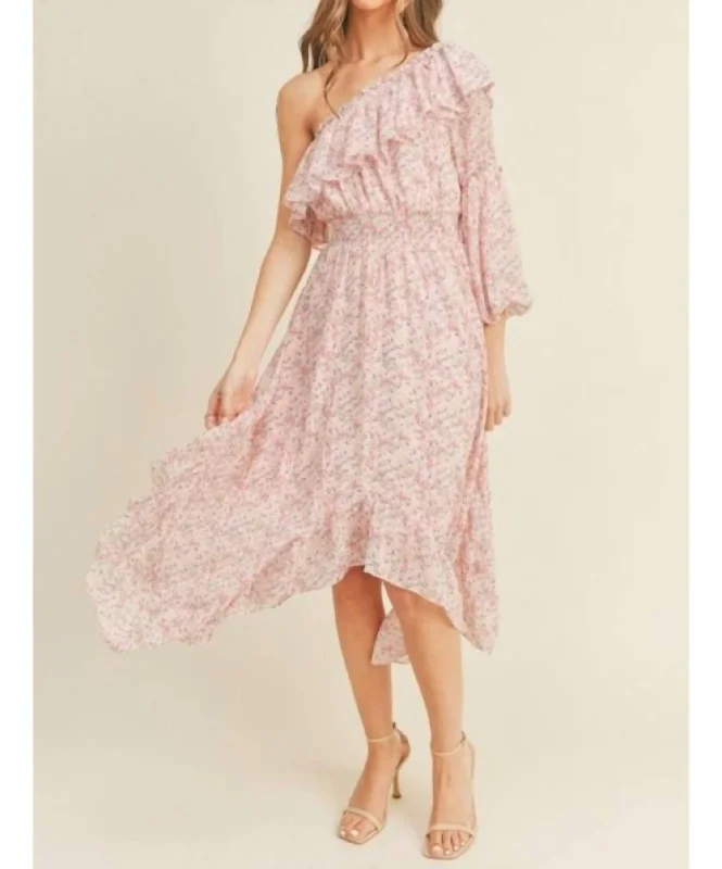 One Shoulder Ruffle Midi Dress In Pink