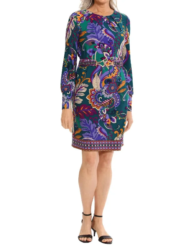 London Times Teal Print Belted Dress In Teal Paisley Print