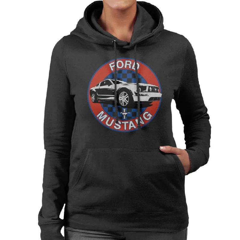 Ford Mustang Blue Checkered Race Stripes Women's Hooded Sweatshirt