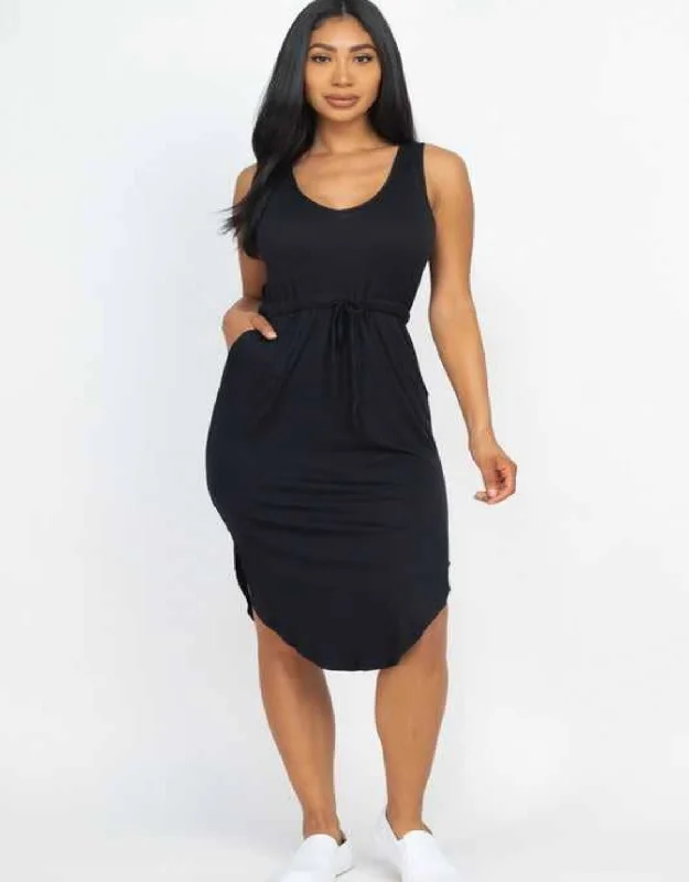 Drawstring Sleeveless Midi Dress