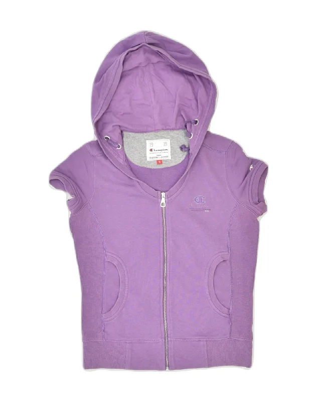 CHAMPION Womens Short Sleeve Zip Hoodie Sweater UK 10 Small Purple Cotton