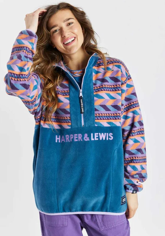 Harper & Lewis Sloan Unisex Retro Pattern Quarter Zip Fleece, Teal & Purple