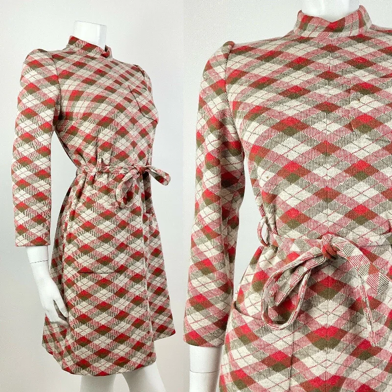 Mega Sale VINTAGE 70s CREAM RED GREEN ARGYLE DIAMOND CHECKED MOD LANVIN DRESS 12 14