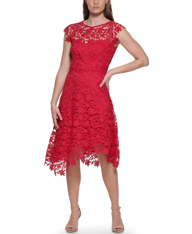 Sleeveless Lace Fit And Flare Dress In Fuchsia