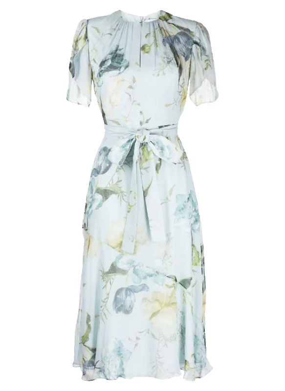 Laurelle Belted Floral Dress In Light Blue Silk