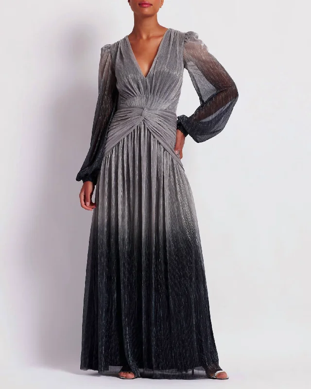 Ombre Lurex Plunge Gown In Silver