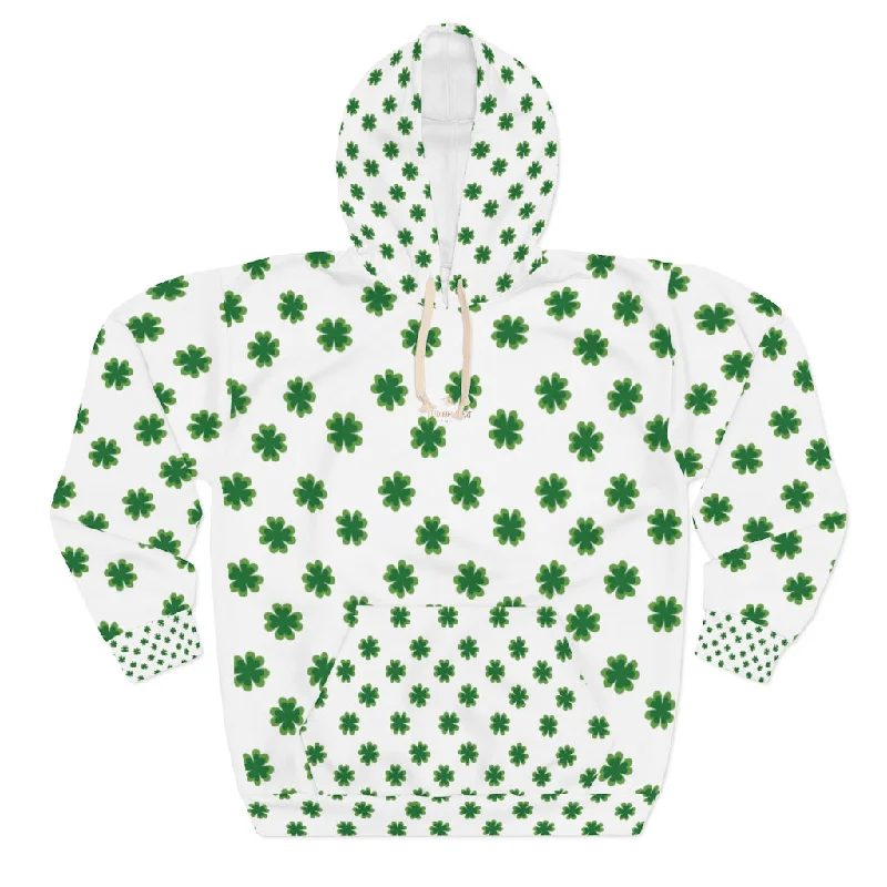 White Green Clover Unisex Hoodies, White Green Clover St. Patrick's Day Unisex Pullover Hoodie For Men/Women- Made in USA