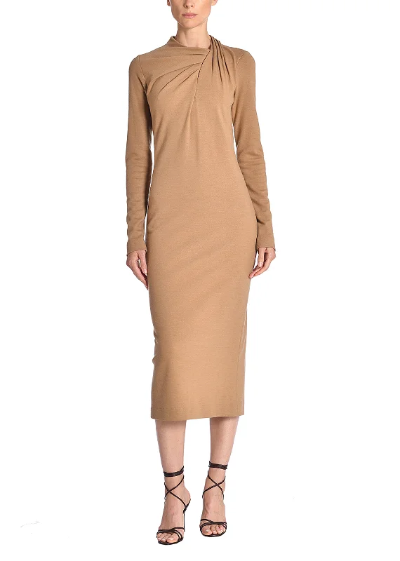 Long Sleeve High Neck Draped Dress In Wool Jersey