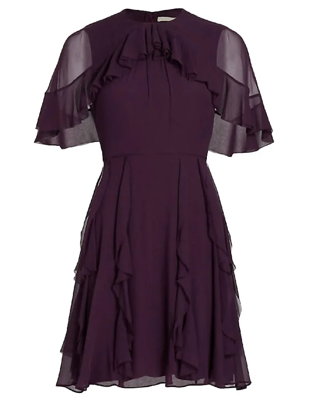 Short Sleeve Chiffon Dress With Cape & Ruff In Plum