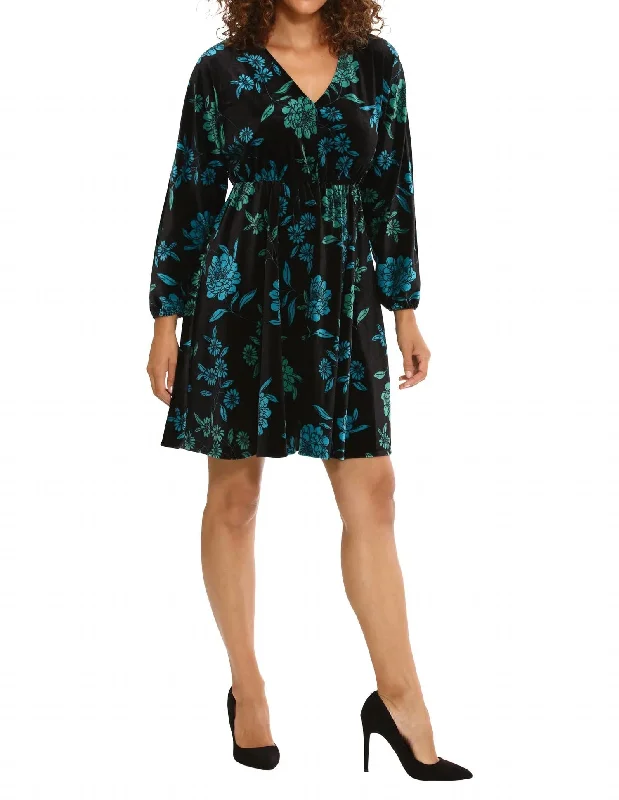 London Times Velvet Print Dress In Blk/teal