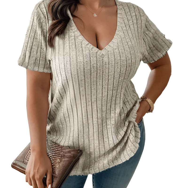 Cross Border Plus Size Women's V Neck Striped Tops T Shirts