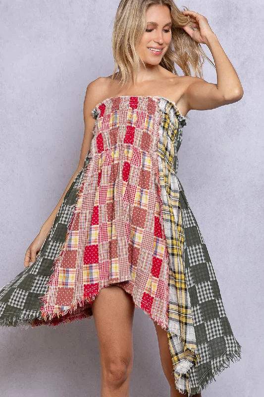 Pol  PLAID TOP OR DRESS WITH FRAYED EDGE