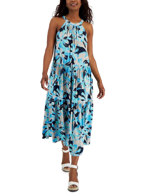 Womens Floral Print Halter Maxi Dress