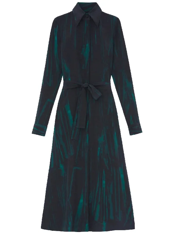 Stamped Pages Print Silk Crepe De Chine Shirtdress In Black Green