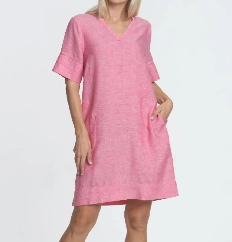 Jackie Short Sleeve Luxe Linen Dress In Bright Pink